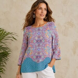 Maeve Silk Tunic Top Womens 6 Boho Mosaic Print Button Back‎ Blouse
